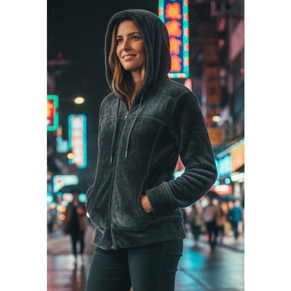 ADRIENNE VITTADINI sport faux fur hoodie women's M gray full zip jacket
